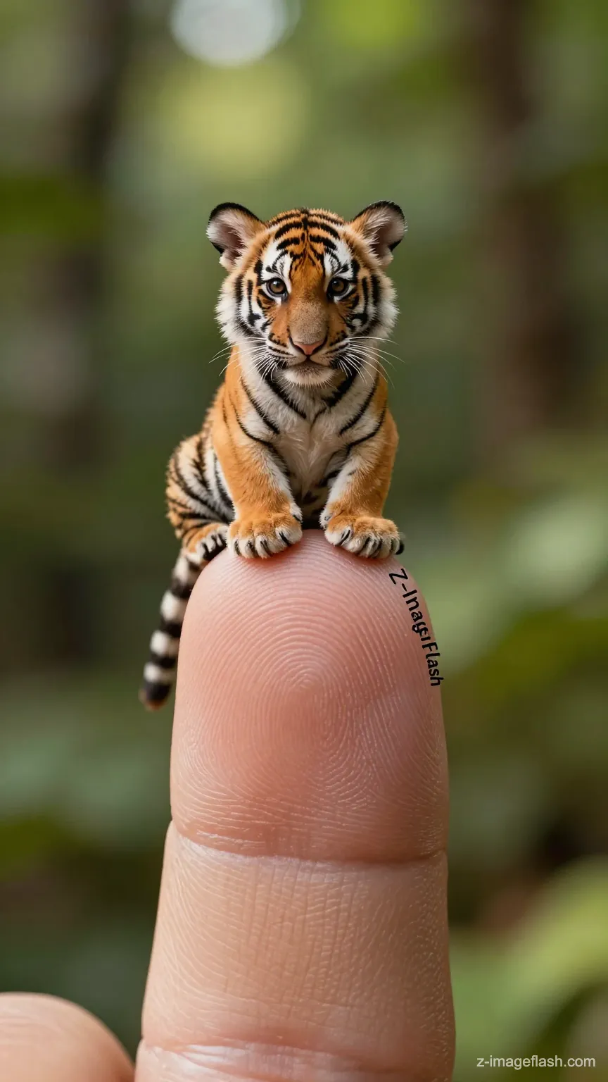 An incredible photorealistic macro photography shot. A tiny, adorable tiger cub is sitting comfortably on the tip of a giant human finger. The tiger is incredibly small, like a miniature figure, but has realistic fur textures. The human finger is huge in comparison, showing extreme details of skin texture and fingerprints. The background is a soft, blurred green forest. The text 'Z-ImageFlash' is written in small, elegant black letters curving along the lines of the fingerprint on the finger skin. Warm cinematic lighting, 8k resolution, depth of field.