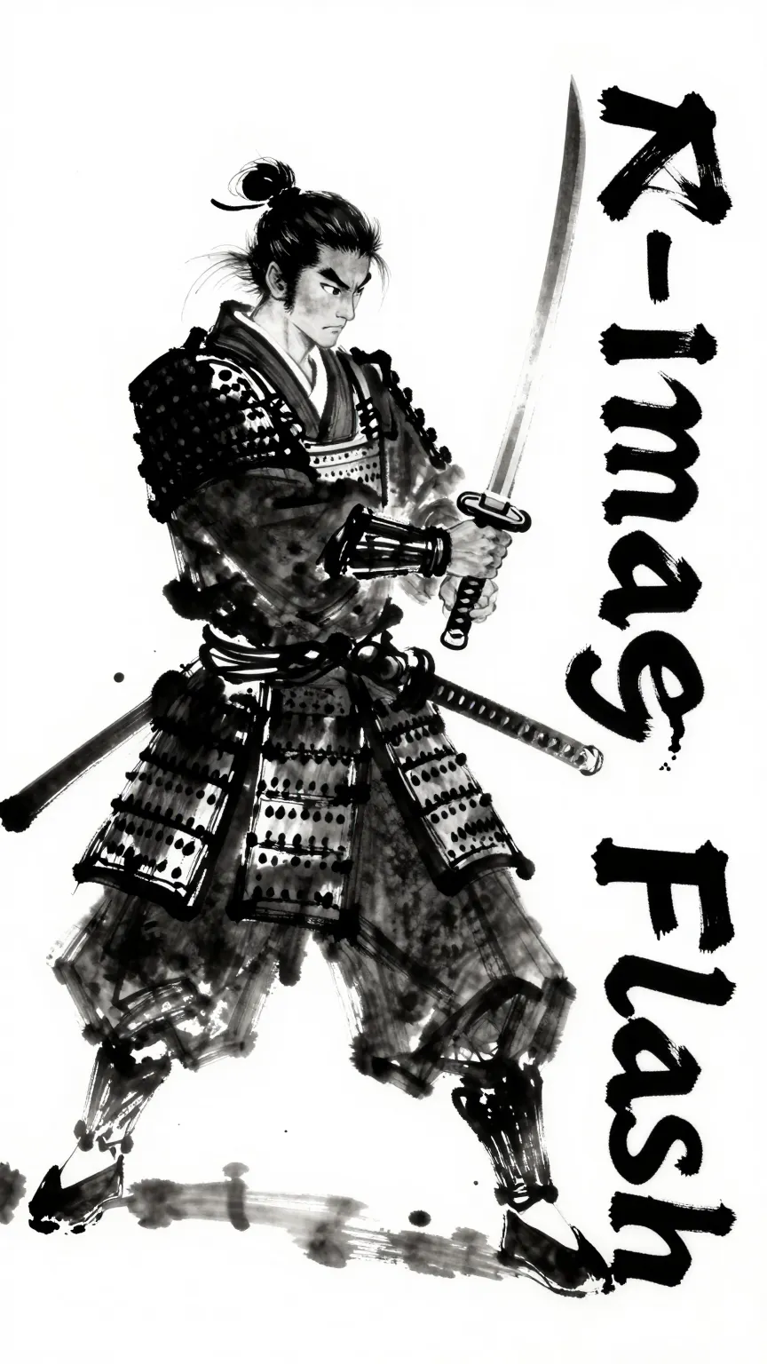 A striking black and white Sumi-e style ink wash painting of a samurai warrior in dynamic motion. The samurai wears detailed traditional armor and holds a katana sword upright, ready to strike. The art style features heavy, expressive black brush strokes, dripping ink, and chaotic ink splatters against a clean white paper background. On the right side, the text 'Z-ImageFlash' is written vertically in bold, jagged calligraphy brush font, matching the ink style. Minimalist but powerful composition.