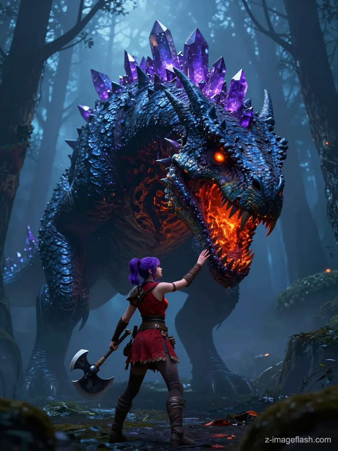 A cinematic dark fantasy concept art. A colossal, terrifying reptilian beast with dark blue scales and glowing purple crystalline spikes on its back looms over a small human female warrior. The warrior girl has purple hair and wears a red tunic outfit. She holds a large heavy battle axe in one hand while gently touching the monster's snout with the other. The wide metal blade of the battle axe has the glowing rune text 'Z-ImageFlash' engraved on it, shimmering with faint magical light. The background is a misty, atmospheric blue forest. High contrast, 8k resolution.