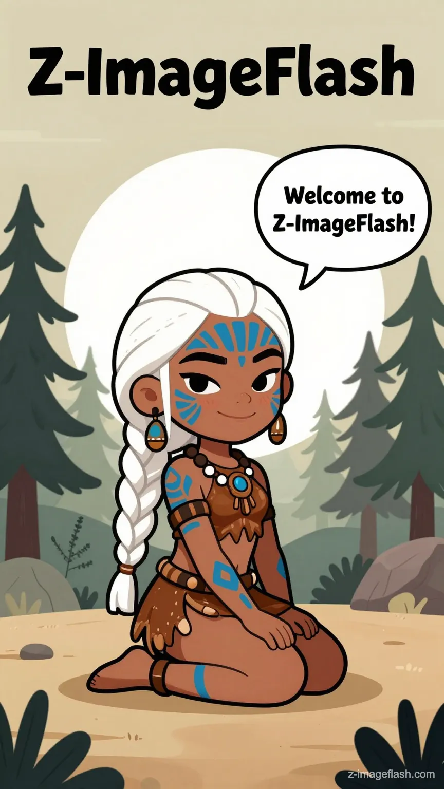 A comic book cover style illustration. A cute tribal girl with dark tan skin and long white braided hair is kneeling on the sandy ground in a forest. She has blue tribal markings on her face and body, and is looking at the viewer with a mischievous, smug smile and a blush. Behind her is a large white circle (sun) and stylized pine trees. At the top left, the bold black text 'Z-ImageFlash' is clearly written. On the right side, there is a speech bubble containing the text: 'Welcome to Z-ImageFlash!'. The art style is vibrant, cel-shaded, and expressive.